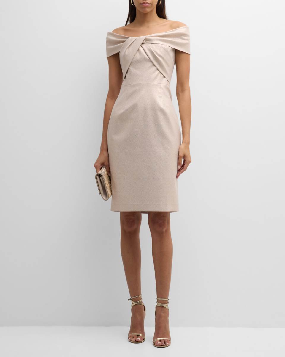Off-Shoulder Twist-Front Shimmer Midi Dress
